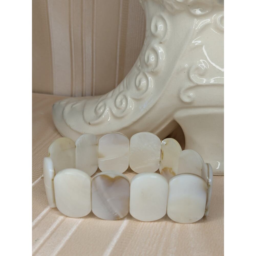 Mother Of Pearl Stretch Bracelet White Square Panels - Coastal Grandmother